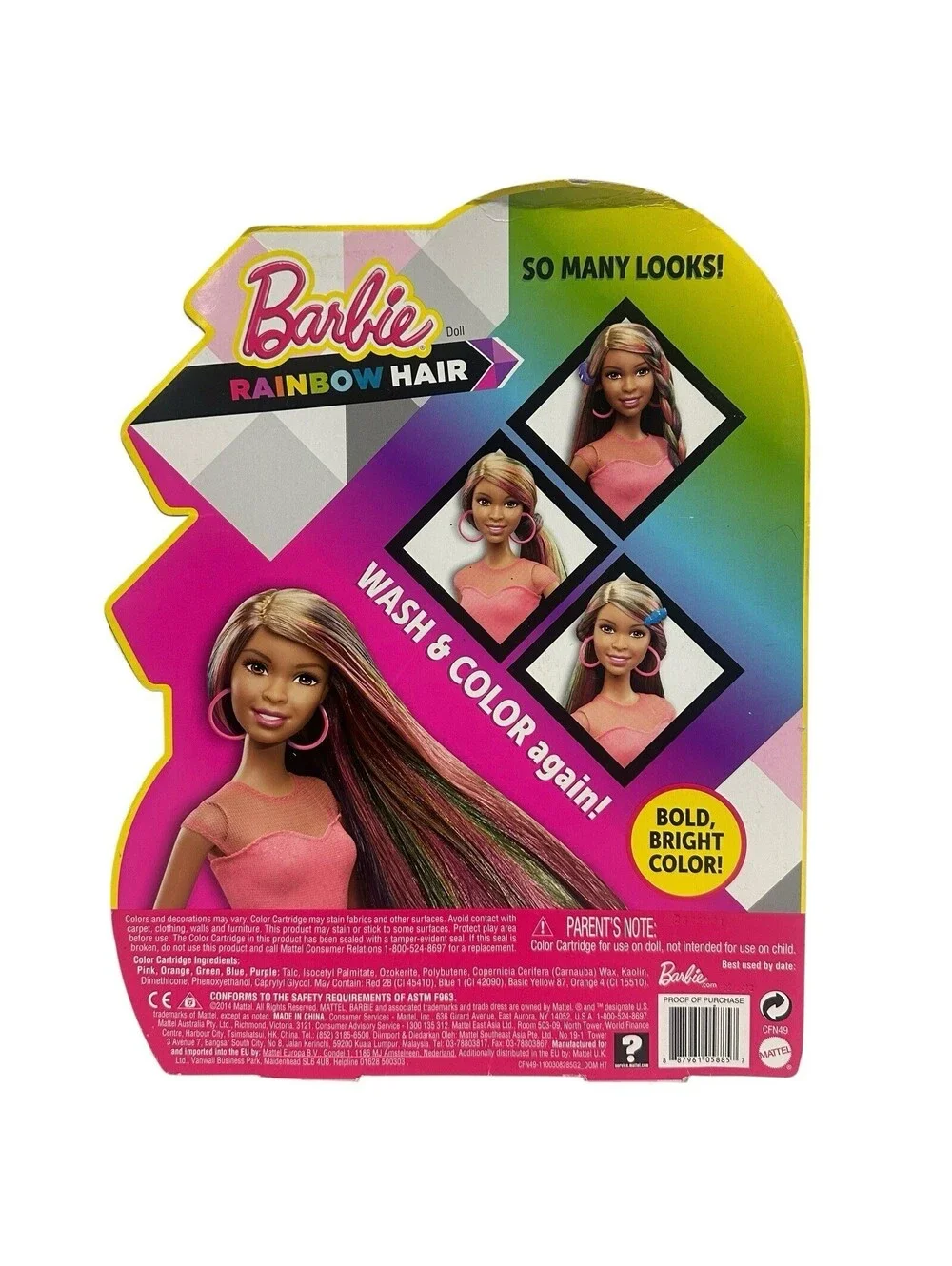 2014 Barbie Rainbow Hair Doll 5 Colors 1 Swipe CFN49